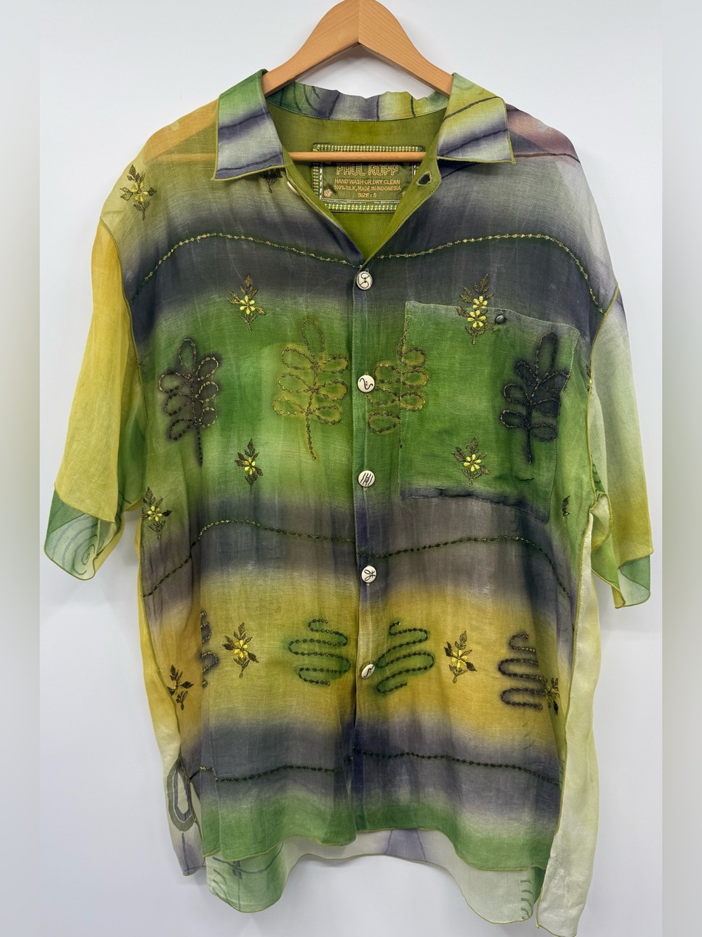 PAUL ROPP Luxury Floral Embroidered Floral Wearable Art Shirt Sheer Silk XXL